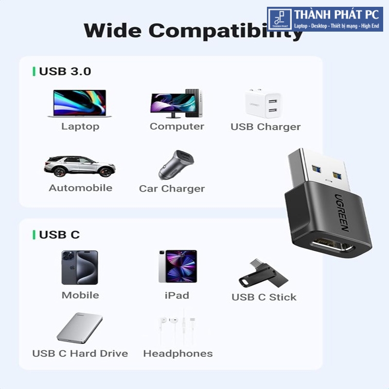 Đầu chuyển đổi USB-A sang USB-C 10Gbps Ugreen 45275 (2 chiếc)