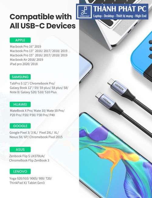 Cáp Type-C 3.2 Gen2 Thunderbolt dài 1m Ugreen 80150