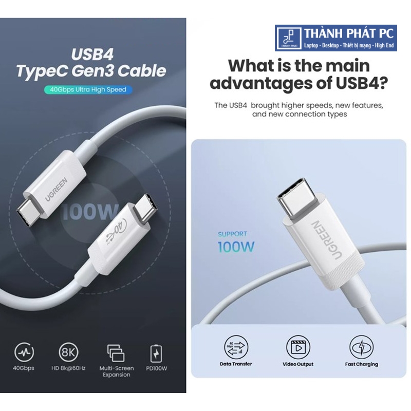 Cáp Type-C USB4 GEN3 Thunderbolt dài 0.8m Ugreen 40113