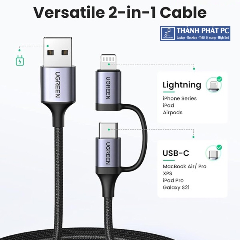 Cáp USB A sang Lightning+Type-C 3A dài 1m Ugreen 50792