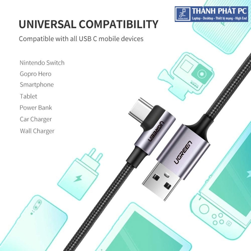 Cáp USB-A to USB Type-C bẻ góc 90 độ dài 1m Ugreen 50941