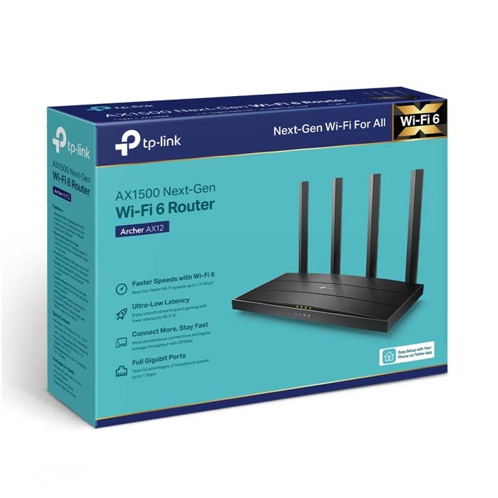 BỘ PHÁT WIFI 6 TP-LINK ARCHER AX12 (AX1500MBPS| 4 ĂNG-TEN NGOÀI| WIFI MESH| 35 USER)