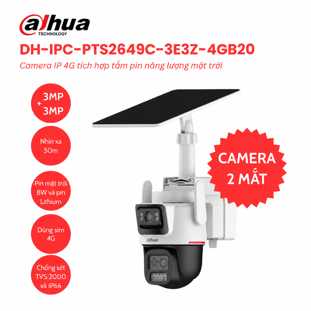 Camera IP 4G 3MP DAHUA DH-IPC-PTS2649C-3E3Z-4GB20 kèm pin năng lượng mặt trời