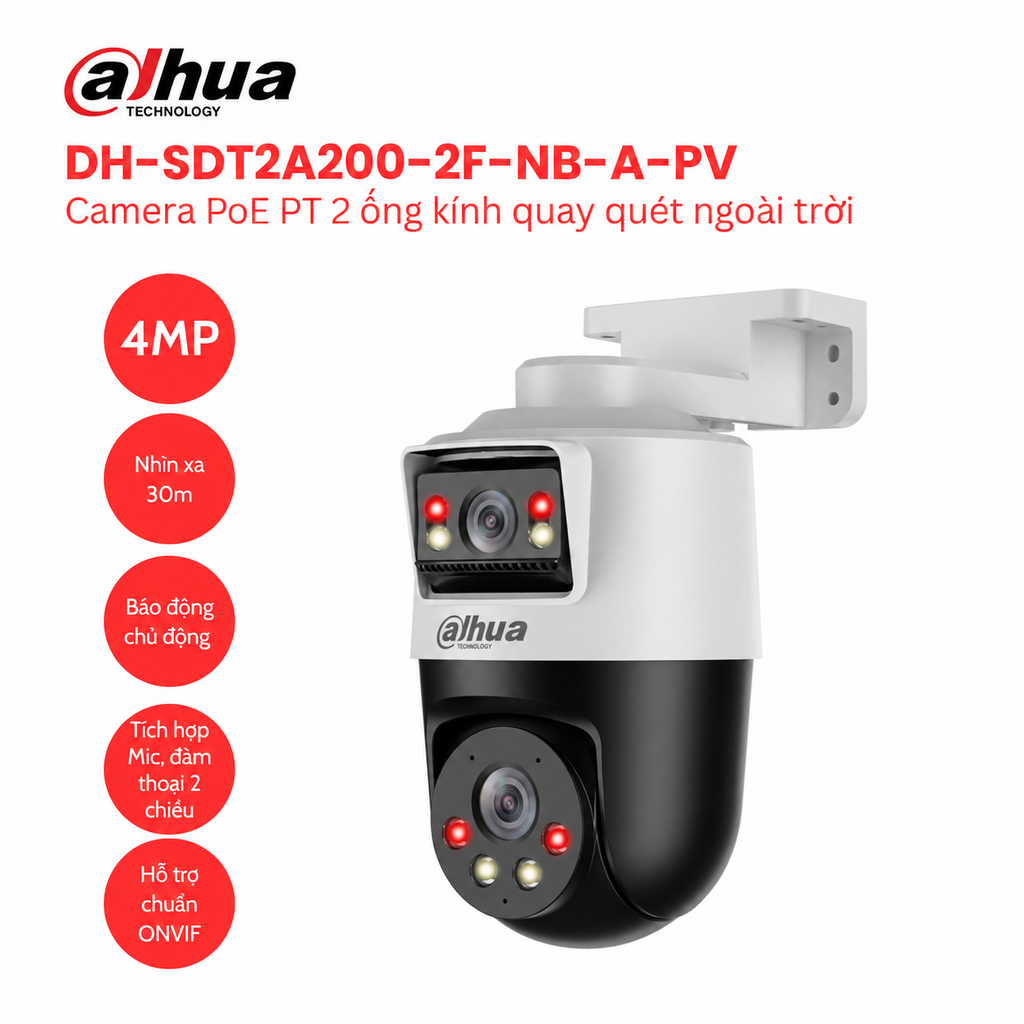 Camera IP PoE PT 2 ống kính 4MP DAHUA DH-SDT2A200-2F-NB-A-PV