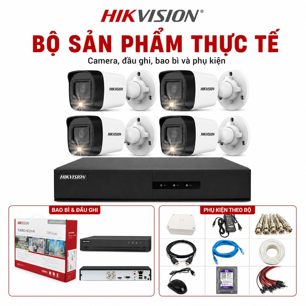 Trọn Bộ 4 Camera Quan Sát Hikvision Có Màu Ban Đêm Tích Hợp Mic Thu Âm 2MP 1080P