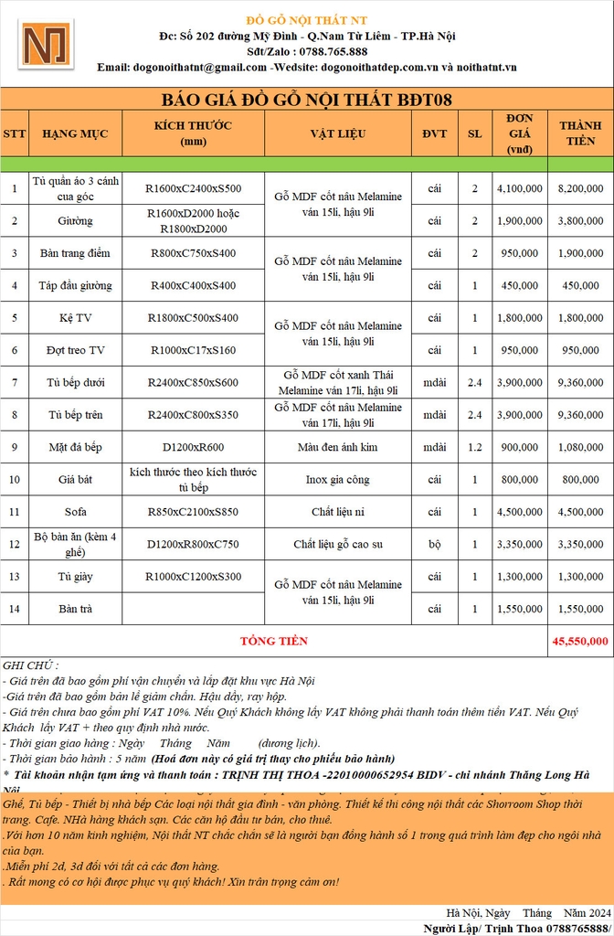 Bộ DTCT08 Trọn Bộ Nội Thất Căn Hộ Đầu Tư Cho Thuê Giá Rẻ