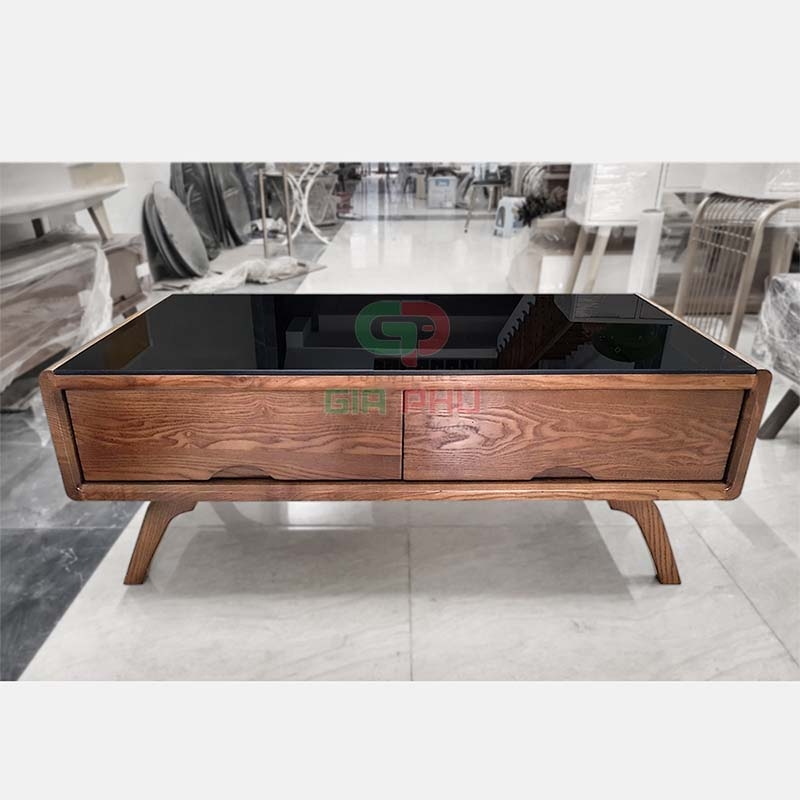 Bàn trà gỗ Sồi chữ nhật mặt kính ngăn kéo - BT37