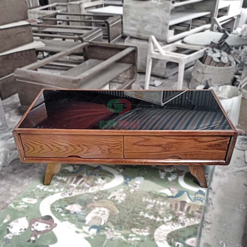 Bàn trà gỗ Sồi chữ nhật mặt kính ngăn kéo - BT37