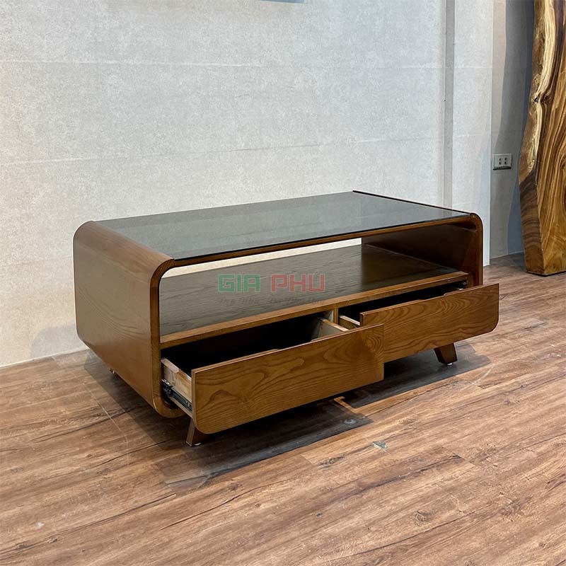 Bàn trà hộp gỗ sồi mặt kính - BT33