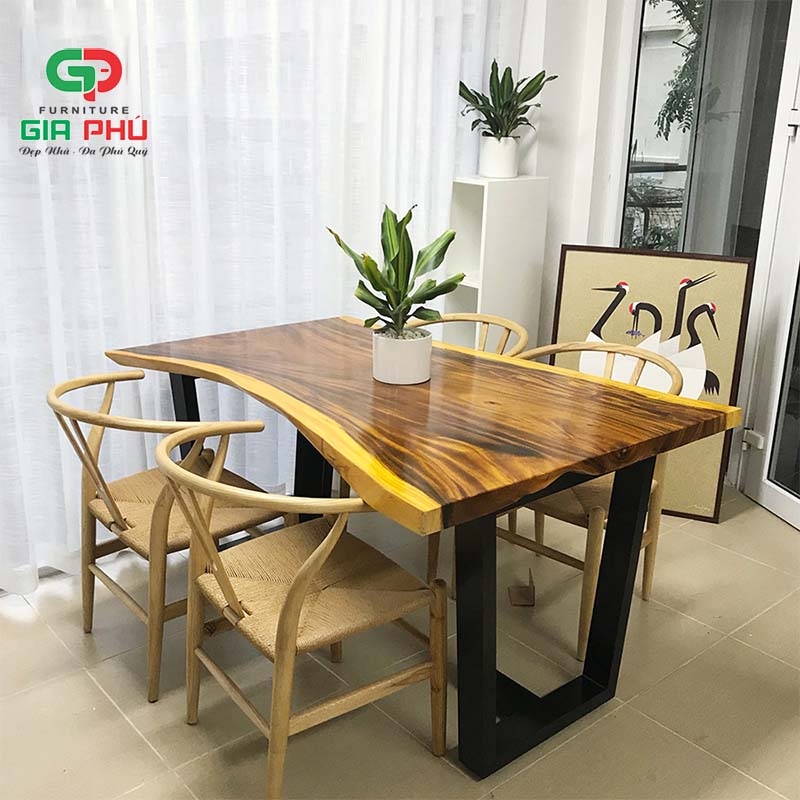 Bộ bàn ăn gỗ me tây nguyên tấm 4 ghế  wishbone đan dây - BBG11