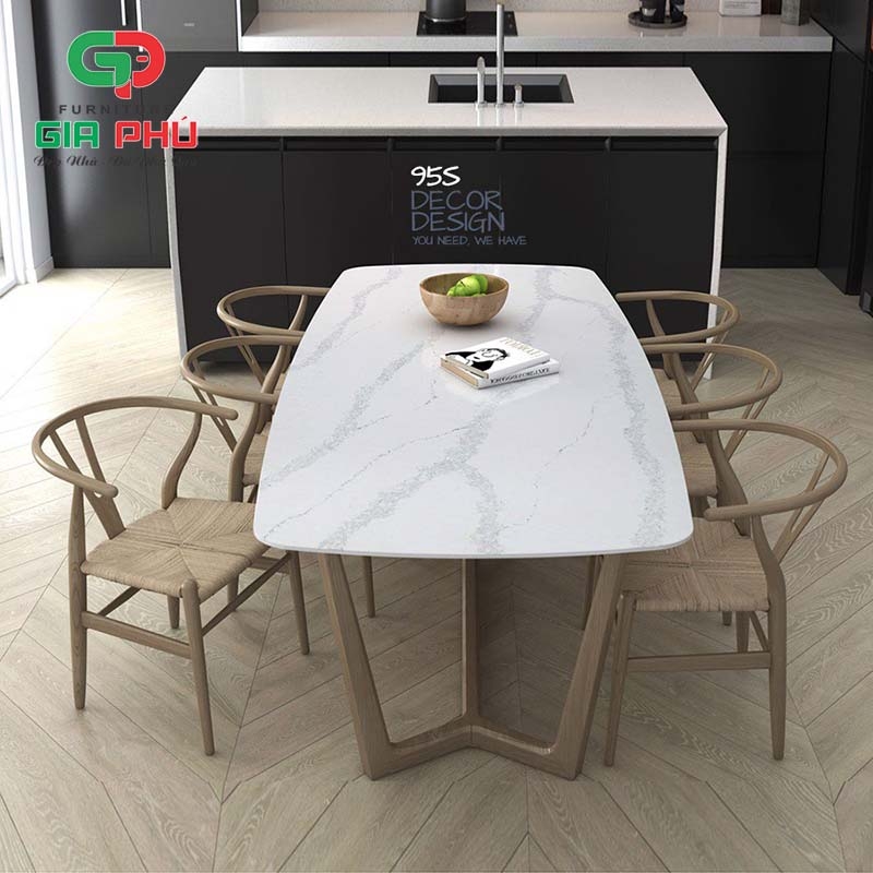 Bộ bàn ăn mặt đá chân gỗ Concorde 6 ghế gỗ Wishbone đan dây - BBG5