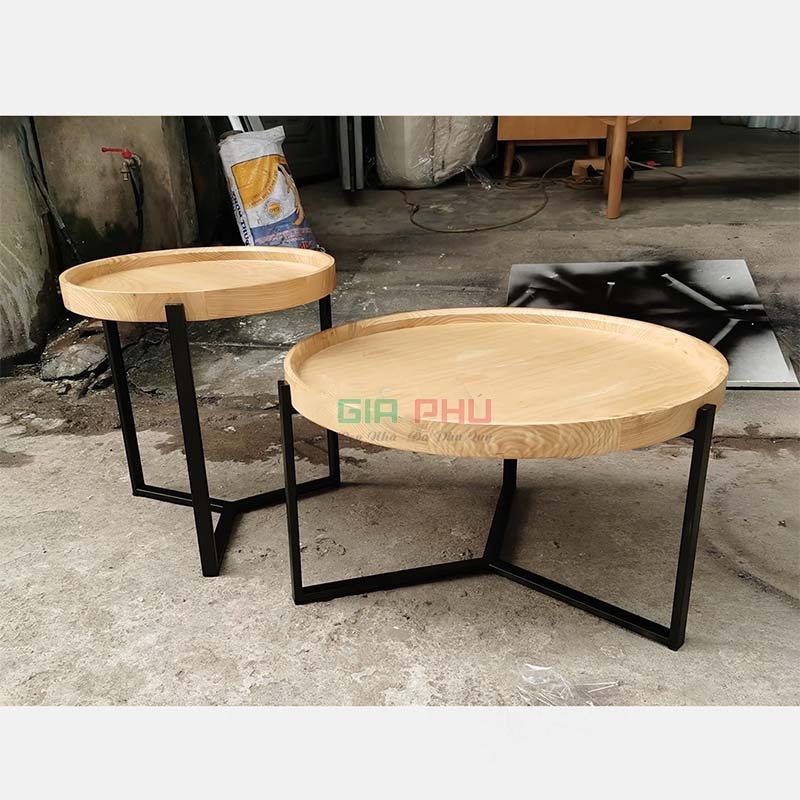 Cặp bàn trà đôi mặt tròn gỗ sồi chân sắt - BT21