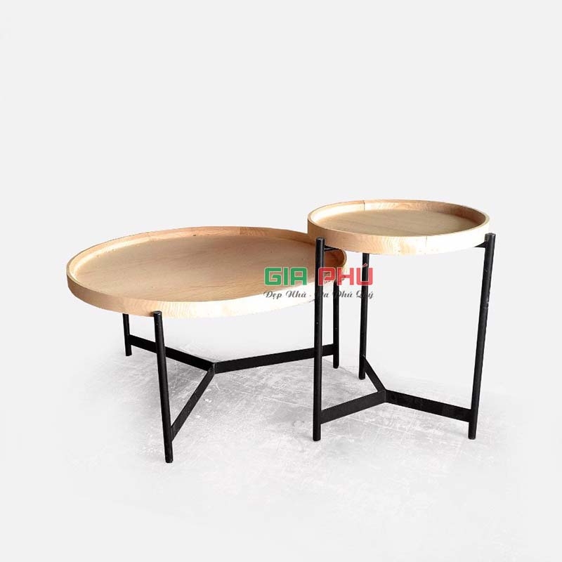 Cặp bàn trà đôi mặt tròn gỗ sồi chân sắt - BT22