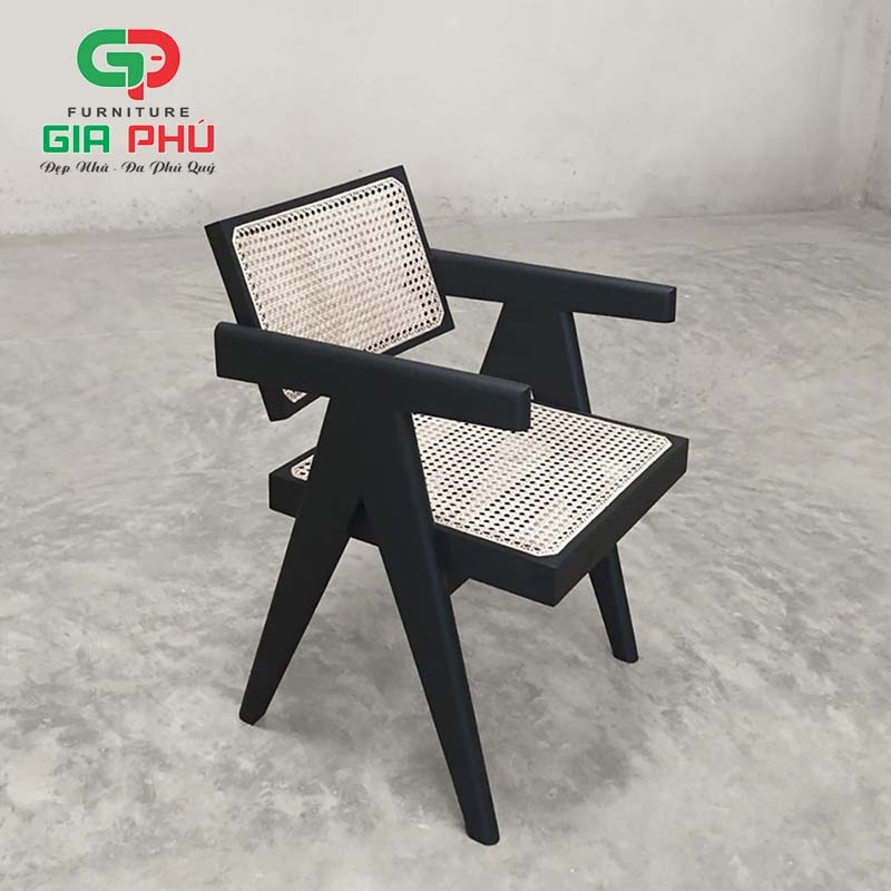 Ghế ăn cafe gỗ mây V Leg Pirerre Jeanneret đen black - G31-B