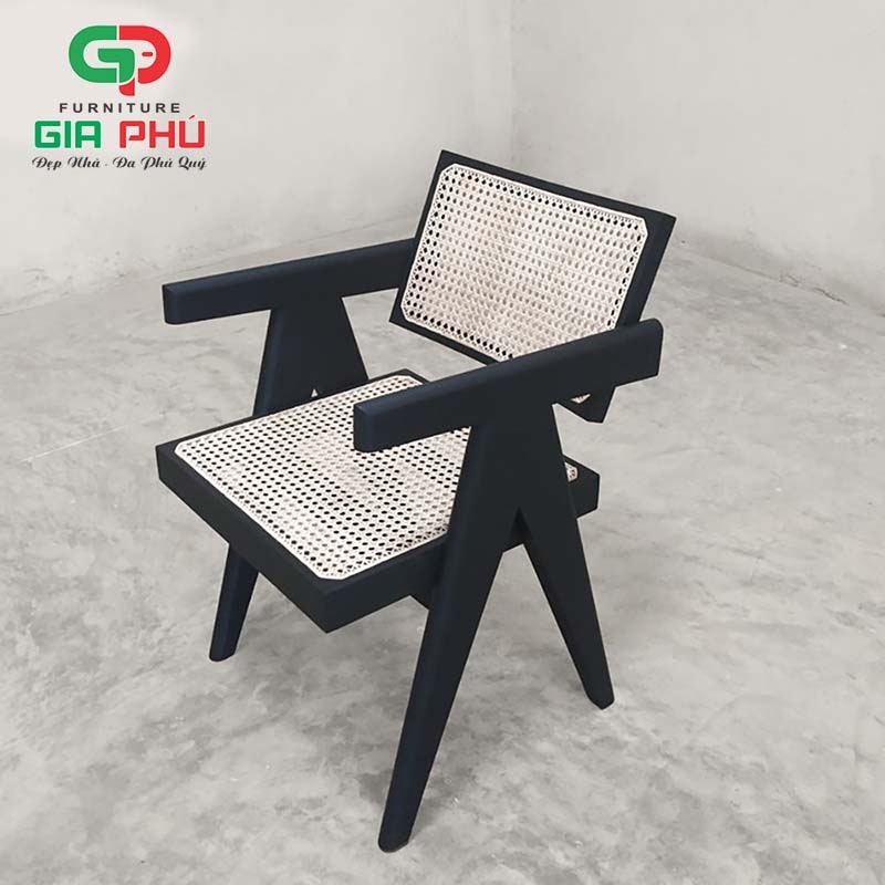 Ghế ăn cafe gỗ mây V Leg Pirerre Jeanneret đen black - G31-B