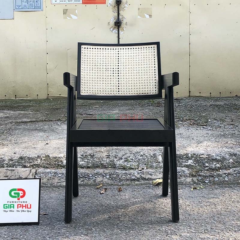 Ghế gỗ lưng mây Jeanneret có tay màu đen - G31D
