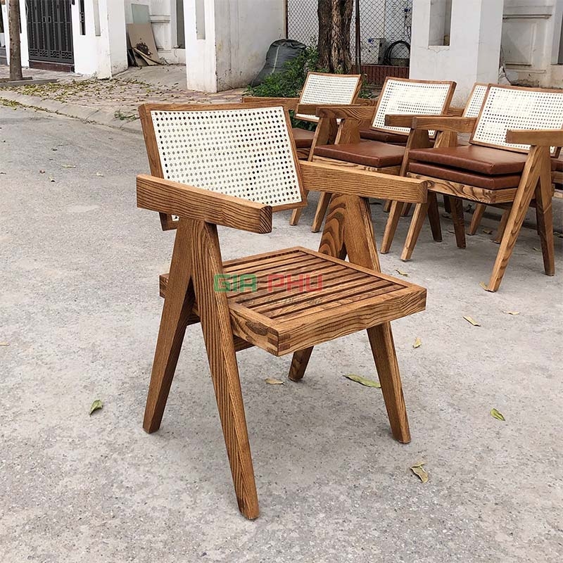 Ghế gỗ tựa lưng mây có tay jeanneret V-leg - G31A