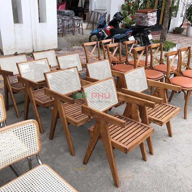 Ghế gỗ tựa lưng mây có tay jeanneret V-leg - G31A