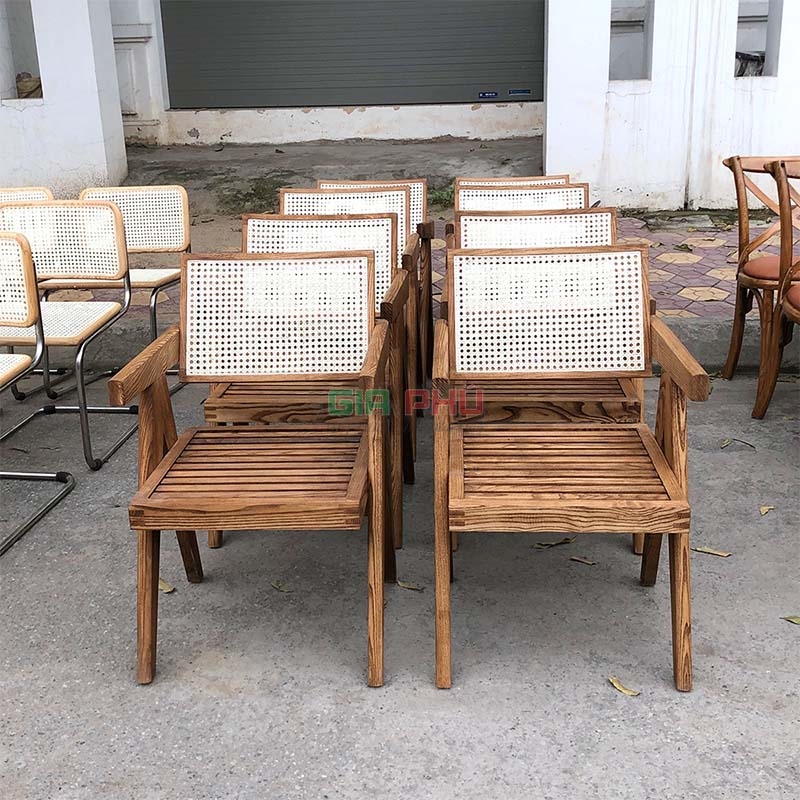 Ghế gỗ tựa lưng mây có tay jeanneret V-leg - G31A