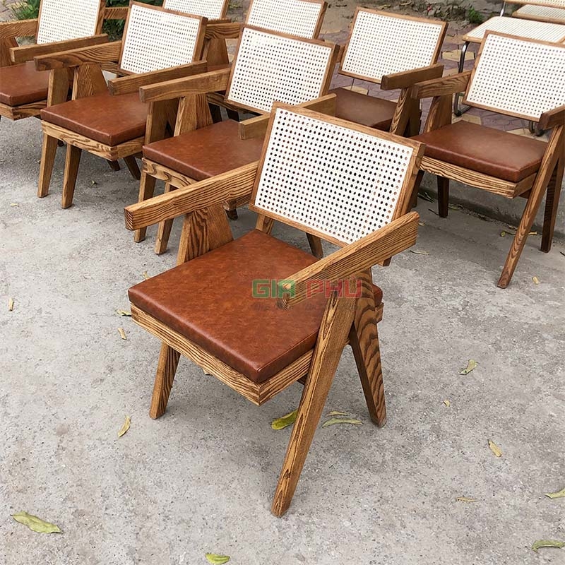 Ghế gỗ tựa lưng mây mặt nệm có tay Jeanneret V-leg - G31B
