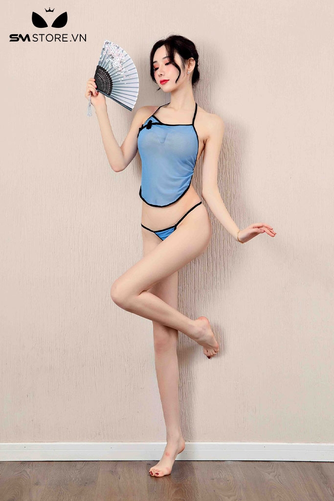 SMS220 - Đồ ngủ sườn xám với áo yếm xuyên thấu và quần lọt khe
