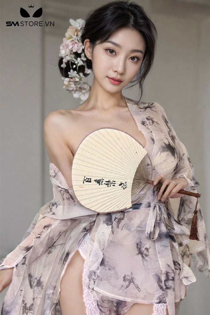 SMS694 - Áo choàng ngủ kimono hình bướm mix quần lót gợi cảm