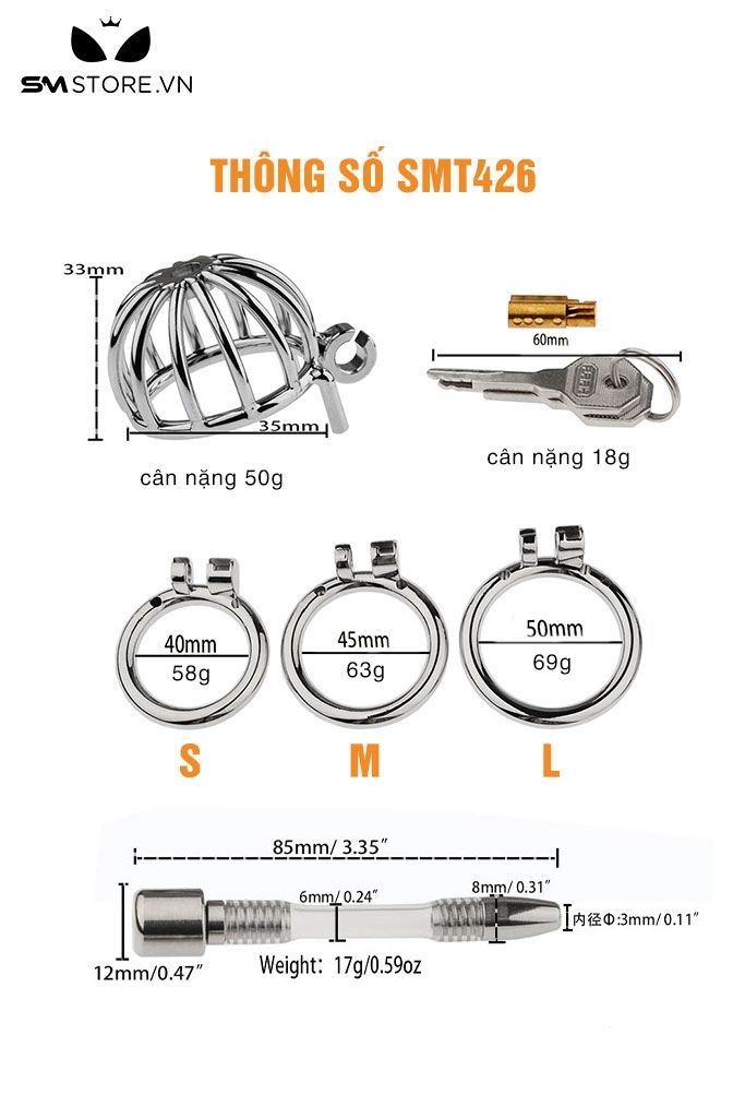 SMT426 - Khóa dương vật inox cao cấp kèm ống dẫn niệu đạo