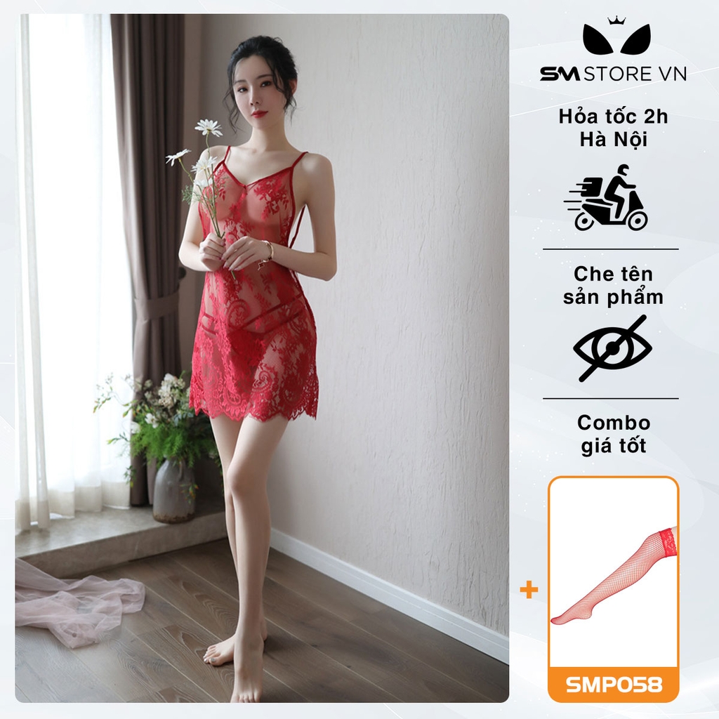 SMS059 - Váy ngủ 2 dây ren mỏng xuyên thấu trong suốt & quần lọt khe