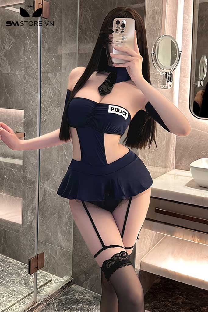 SMS796 - Cosplay cảnh sát sexy với váy xòe khoét eo kèm cổ áo