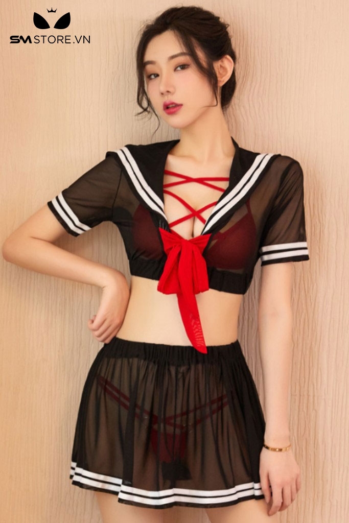 SMS777 - Bộ đồ ngủ cosplay học sinh trong suốt kèm nội y sexy