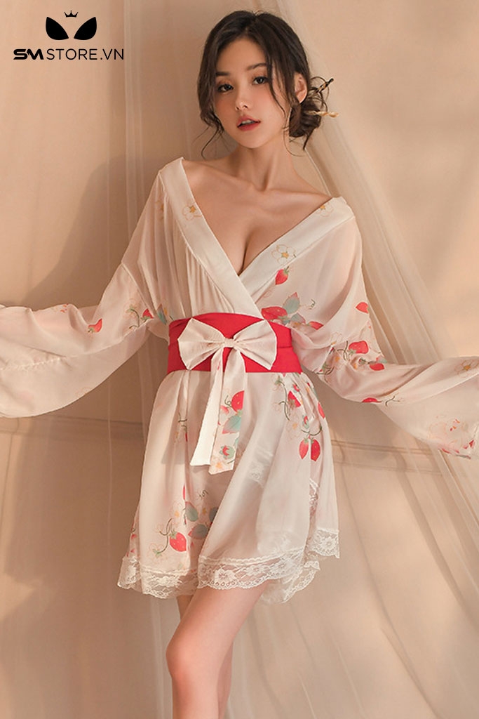 SMS693 - Đồ ngủ kimono cổ chữ V họa tiết quả dâu tây quyến rũ