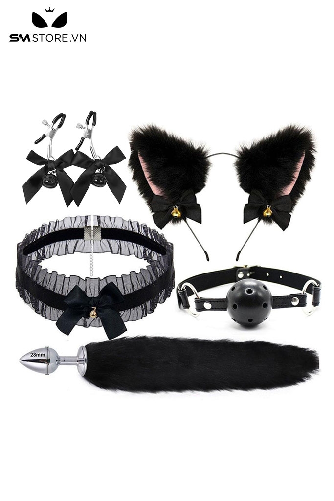 SMT501 - Set đen 5 món gồm: bờm tai mèo, vòng cổ, kẹp ti, đuôi cáo, ball gag