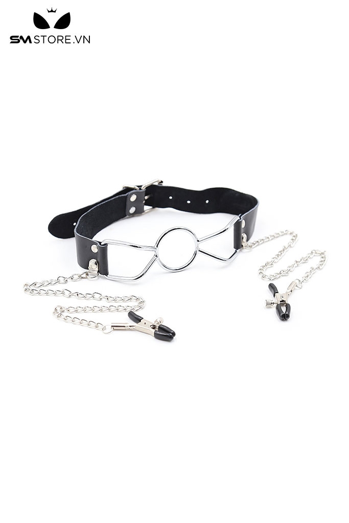 SMT1404 - Ring gag với vòng miệng bằng kim loại mix kẹp núm vú
