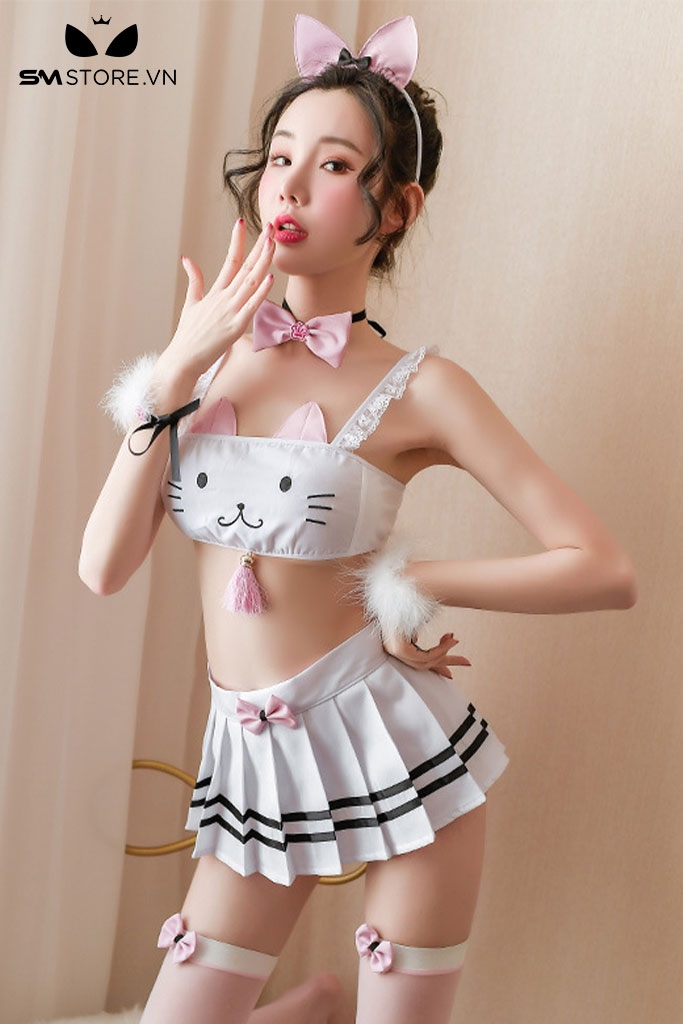 SMS341 - đồ ngủ cosplay mèo sexy với áo ngực và chân váy xếp ly