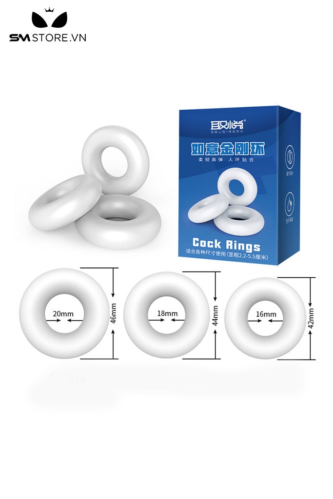 SMT455 - Bộ 3 vòng đeo dương vật tròn đặc chất liệu silicon màu trắng