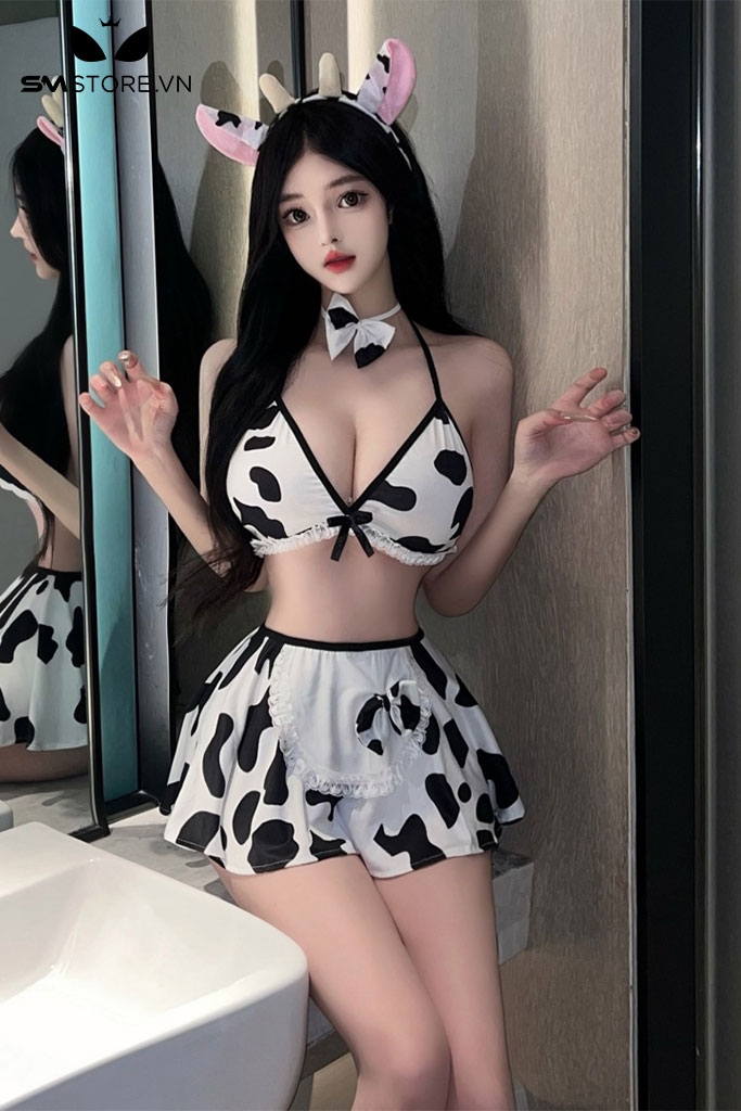SMS106 - Cosplay bò sữa gồm áo hai dây và chân váy xòe siêu ngắn
