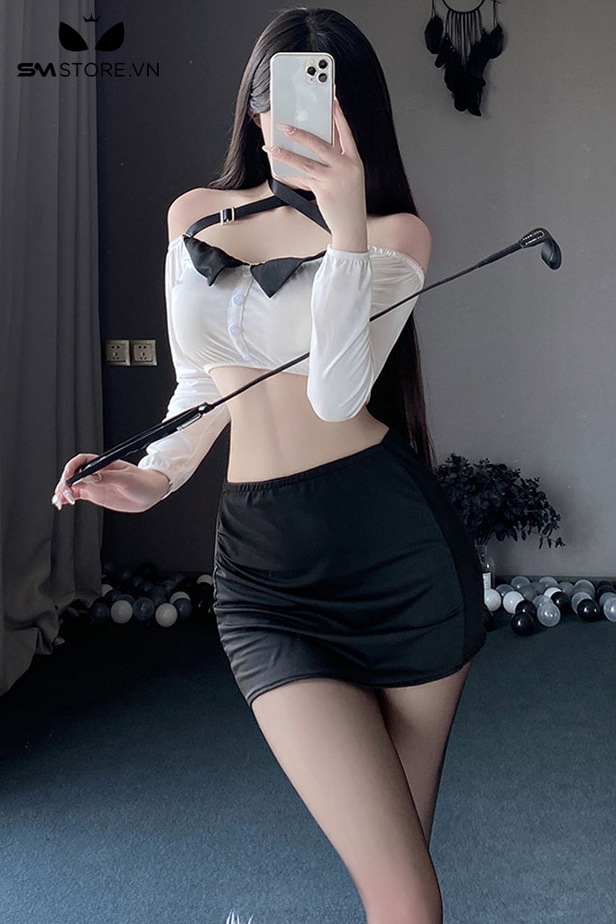 SMS685 - Cosplay cô giáo áo cài cúc trễ vai mix kèm chân váy body