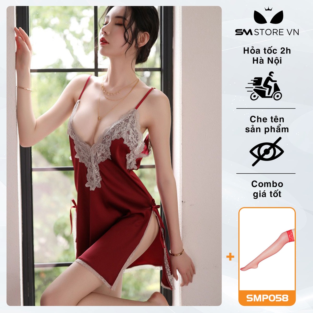 SMS076 - Váy ngủ 2 dây thiết kế hở lưng ngực, phối ren, xẻ tà 2 bên
