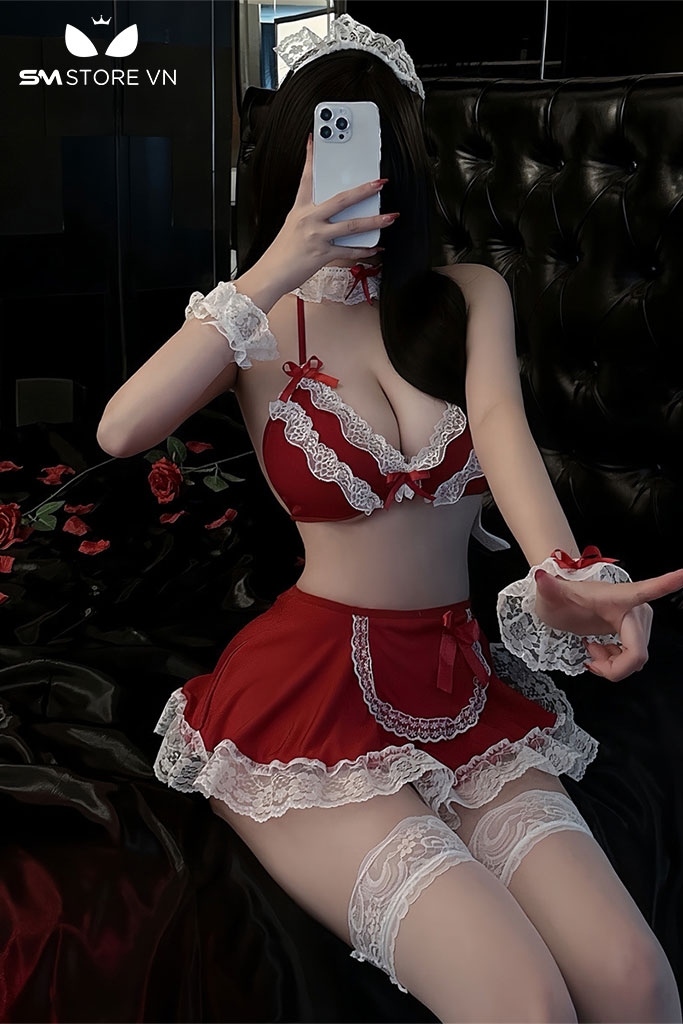 SMS477 - set đồ cosplay hầu gái gồm áo ngực buộc dây và chân váy