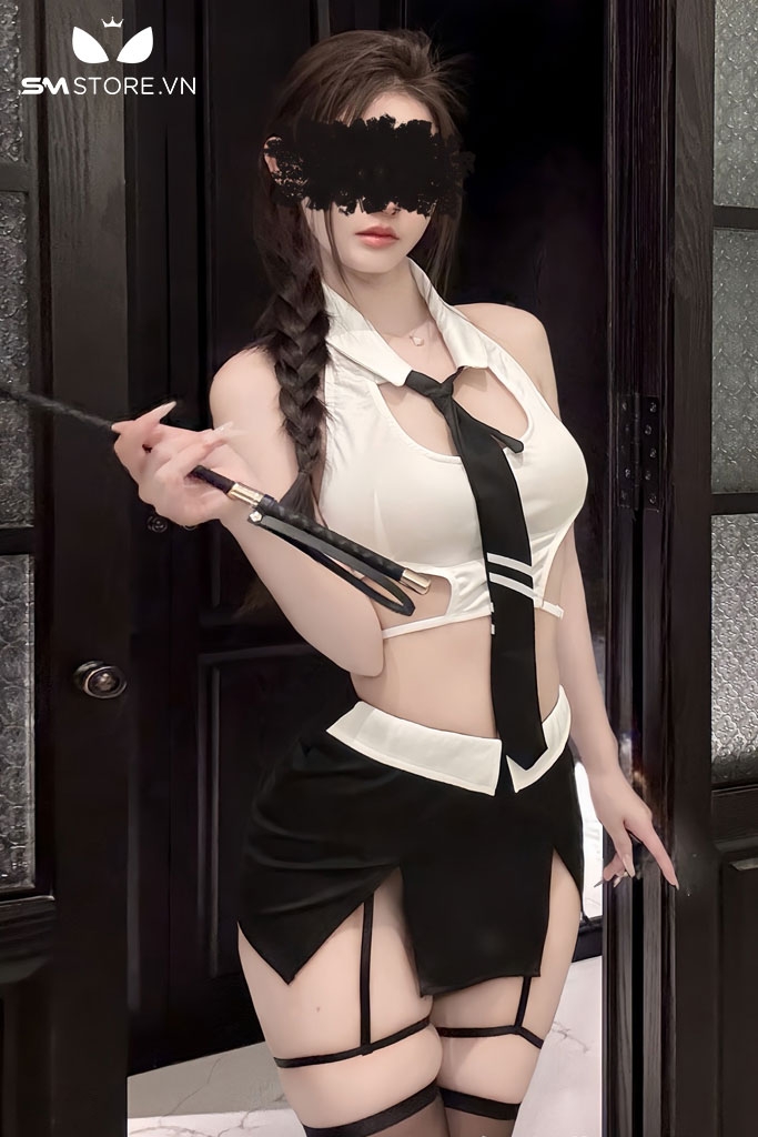 SMS680 - Cosplay cô giáo croptop có cổ kèm váy xẻ tà ôm body gợi cảm