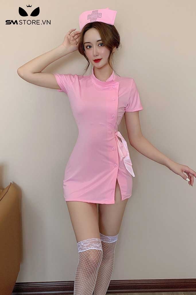 SMS627 - Trang phục y tá xẻ tà có cúc cài và nơ buộc gợi cảm sexy