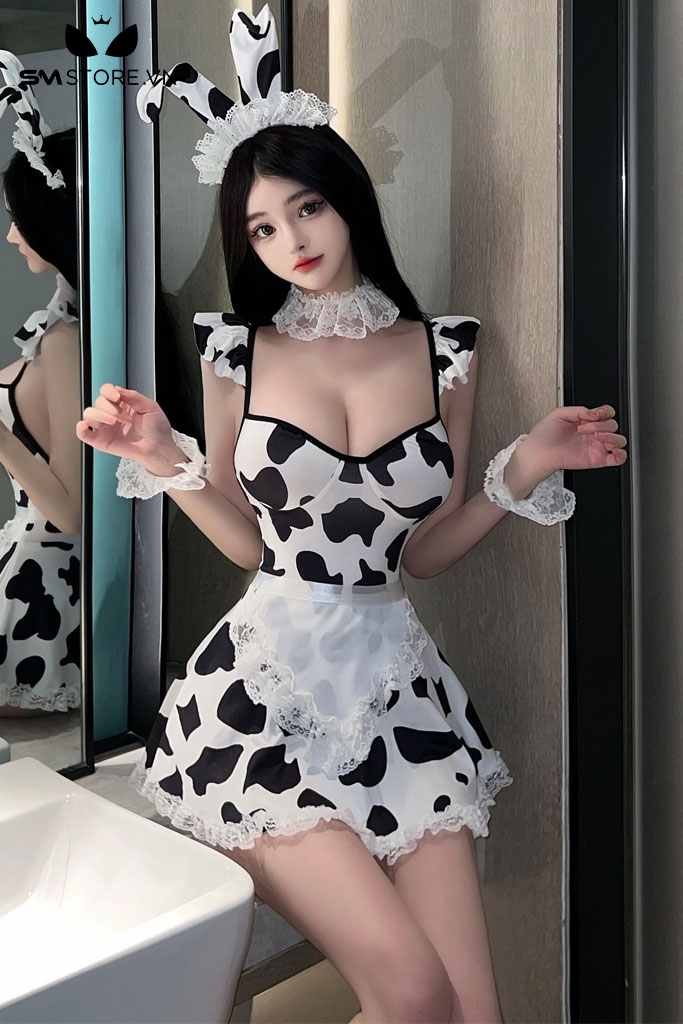 SMS646 - Trang phục váy cosplay bò sữa 2 dây có phụ kiện đi kèm