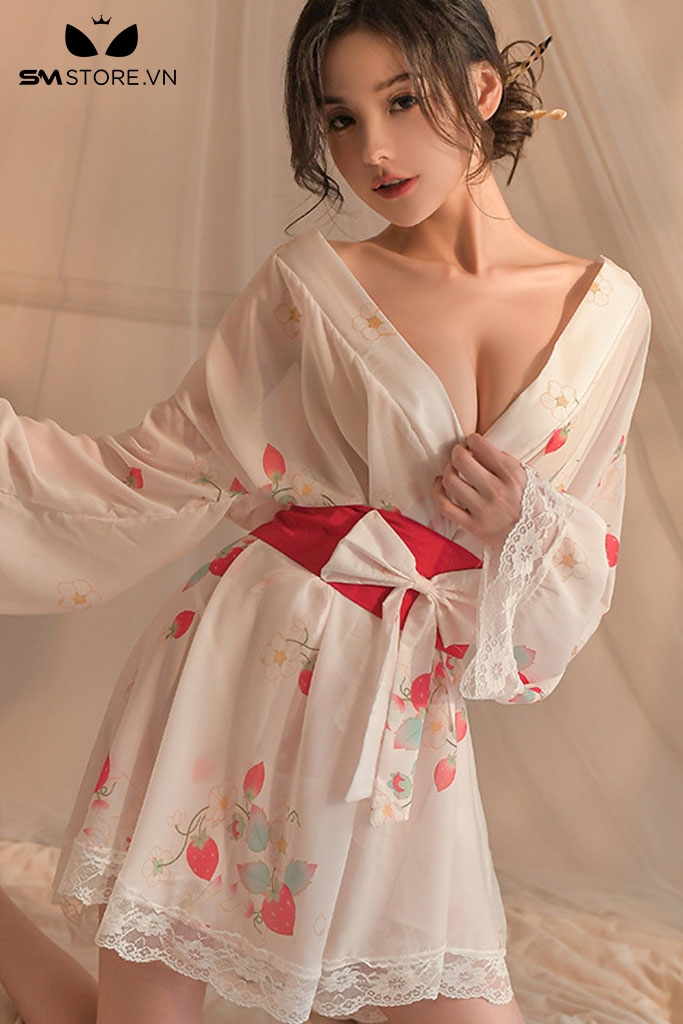 SMS693 - Đồ ngủ kimono cổ chữ V họa tiết quả dâu tây quyến rũ
