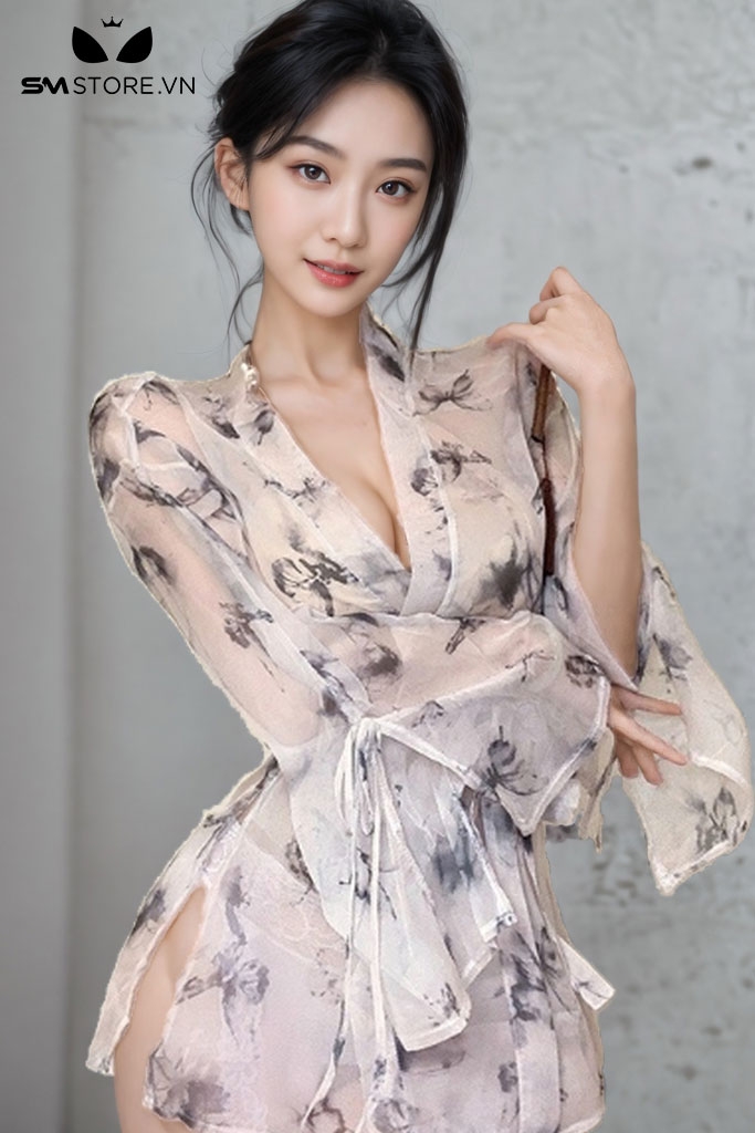 SMS694 - Áo choàng ngủ kimono hình bướm mix quần lót gợi cảm