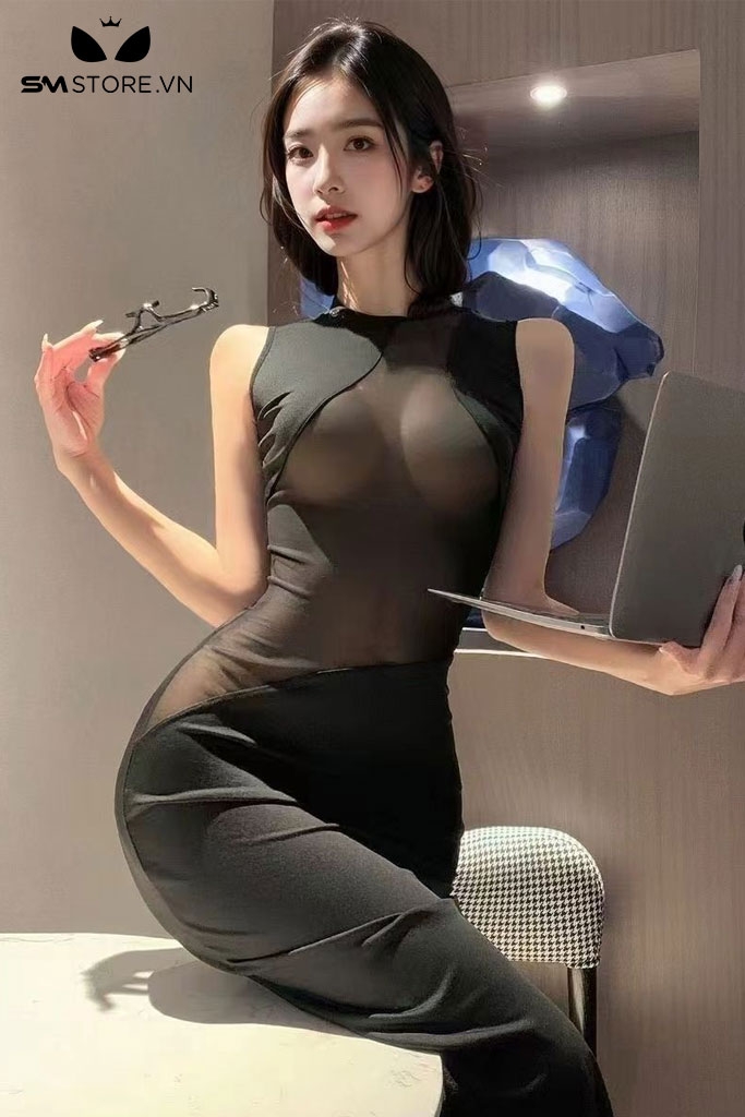 SMS711 - Đầm ngủ ba lỗ ôm body xẻ tà phối trong suốt gợi cảm