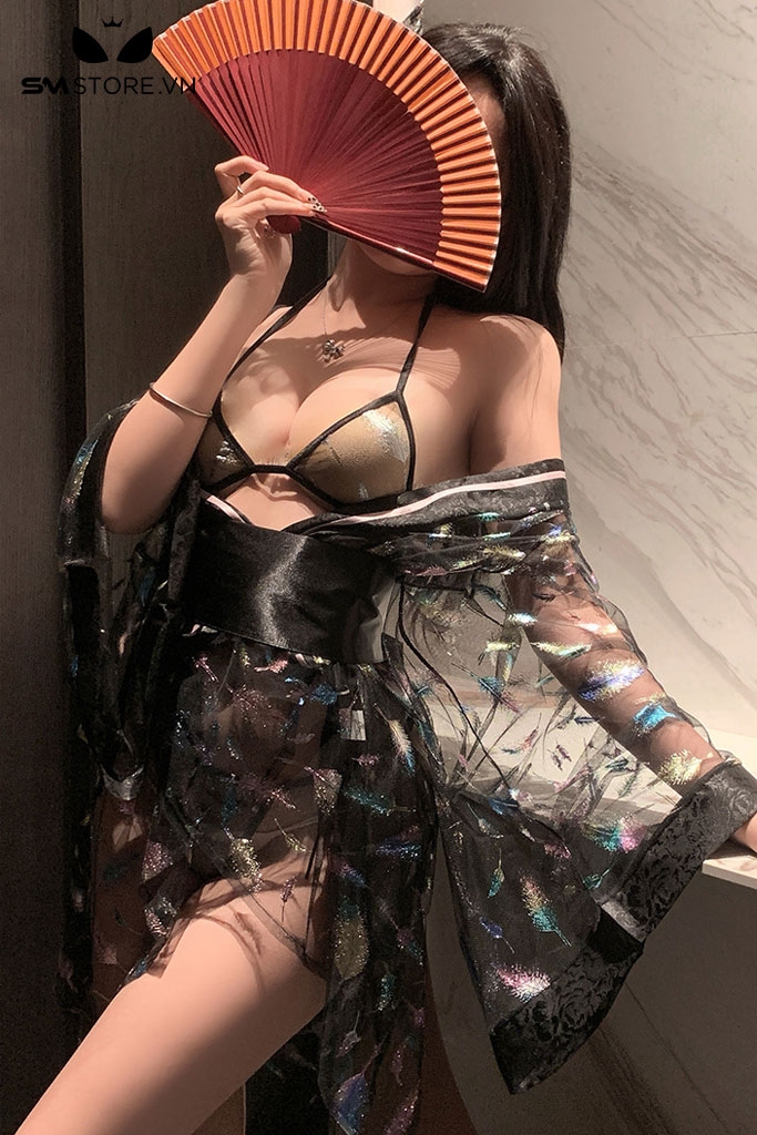 SMS557 - Áo ngủ kimono xuyên thấu gợi cảm với họa tiết lông vũ