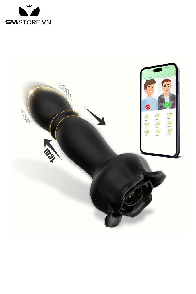 SMT1025 - Anal plug silicon hình hoa hồng với 9 chế độ rung thụt