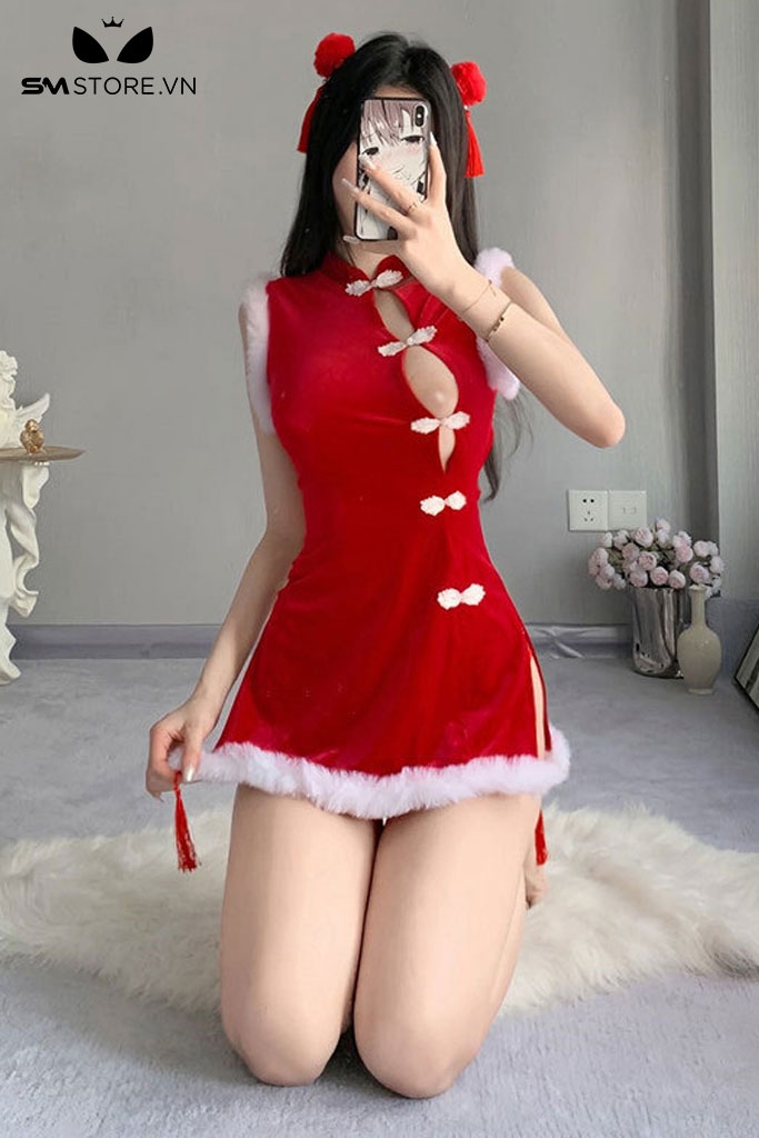 SMS788 - Cosplay giáng sinh với váy sườn xám ba lỗ ngắn xẻ tà