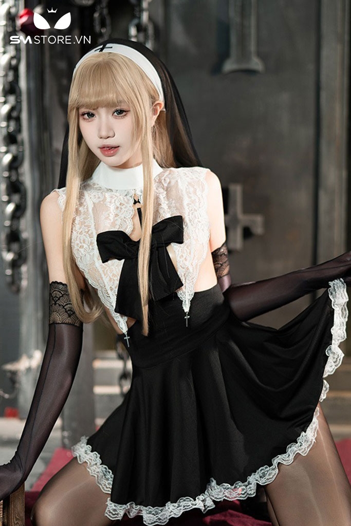 SMS730 - Đồ ngủ cosplay sơ ren hoa xuyên thấu đính nơ và phụ kiện
