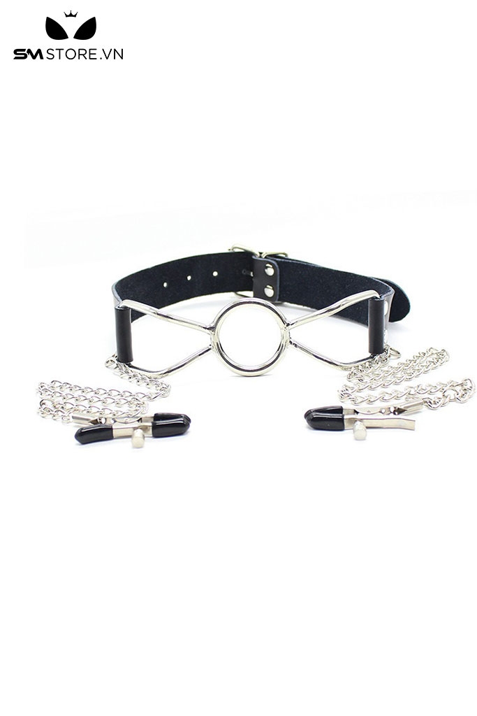 SMT1404 - Ring gag với vòng miệng bằng kim loại mix kẹp núm vú